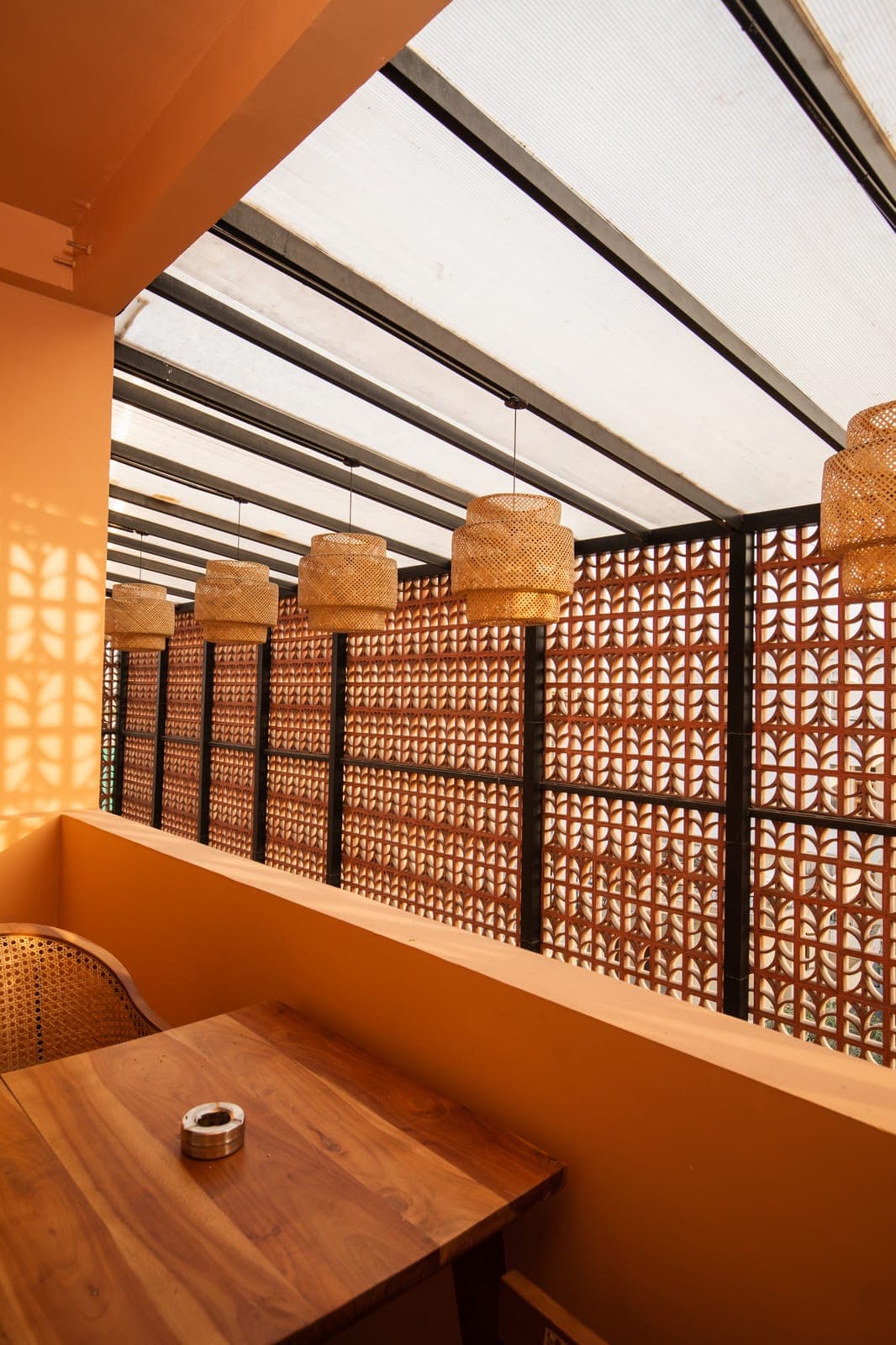 Light through the terracotta screen at Nidra Niwas